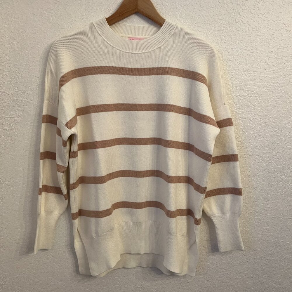 Pink Lily Cream Striped Crewneck Tunic Sweater M - Picture 2 of 9